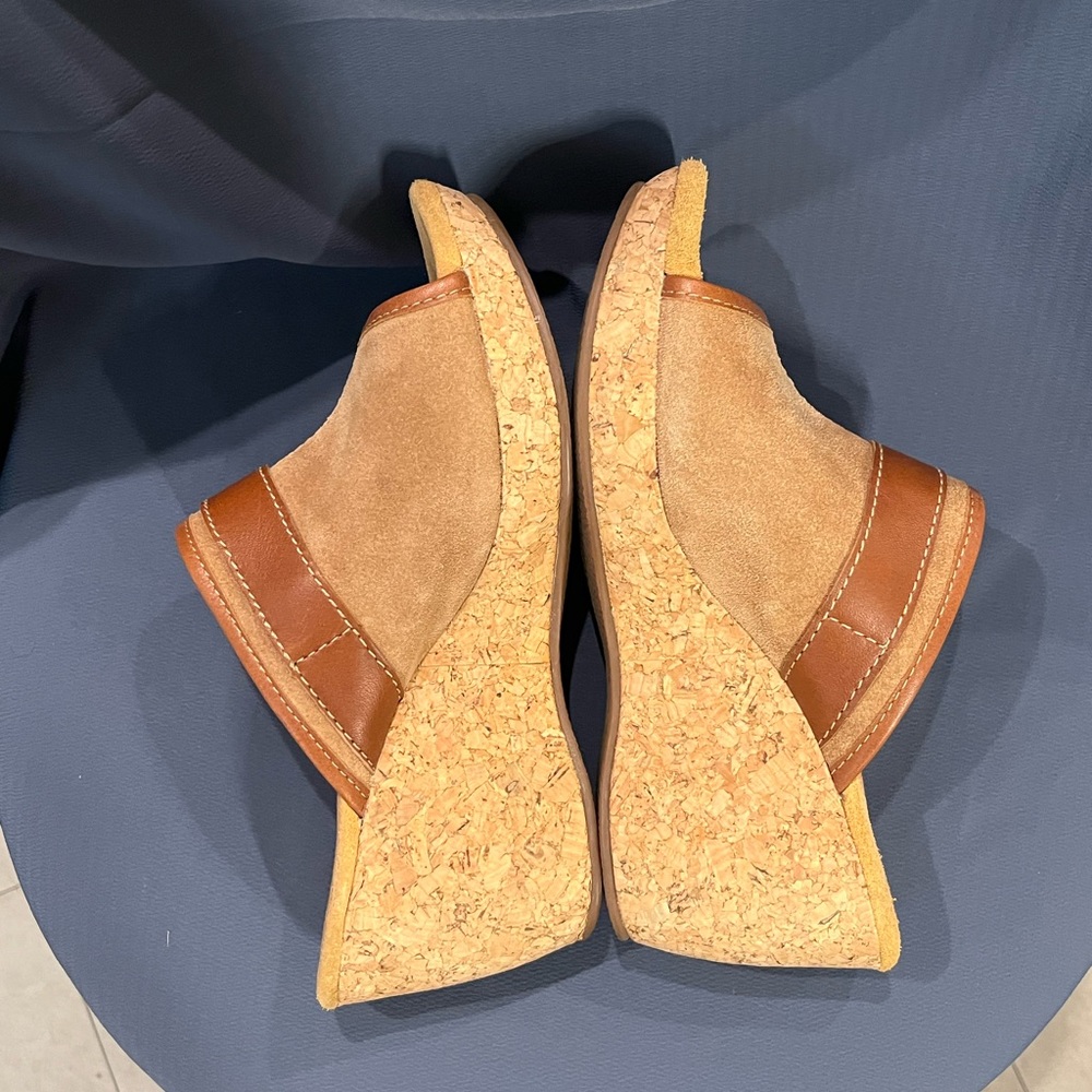 Clarks Elements Harwich Keel Platform Sandals Leather Cork 4” Wedge Brown Suede - Picture 3 of 12